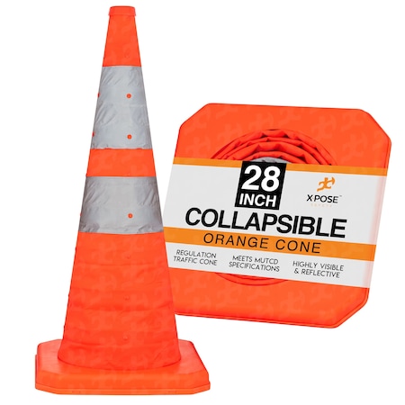 Xpose Safety Collapsible Traffic Cone, Oxford Fabric/Poly, 28" Height, Orange/White CTC28-1-X